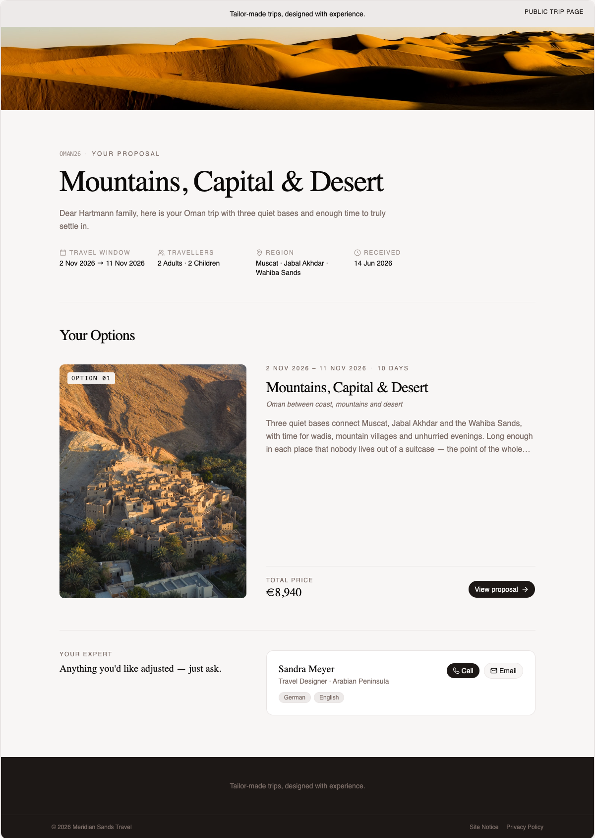 A client’s proposal page for the Oman trip Mountains, Capital & Desert